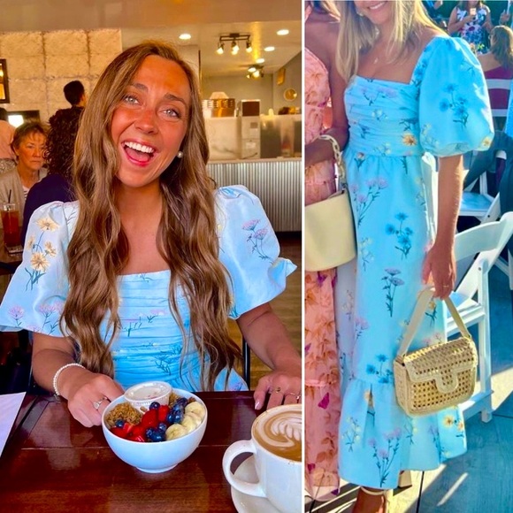 Self-Portrait Watercolour Puff Sleeve Taffeta Blue Floral Midi Maxi Dress 4 S - Picture 3 of 15